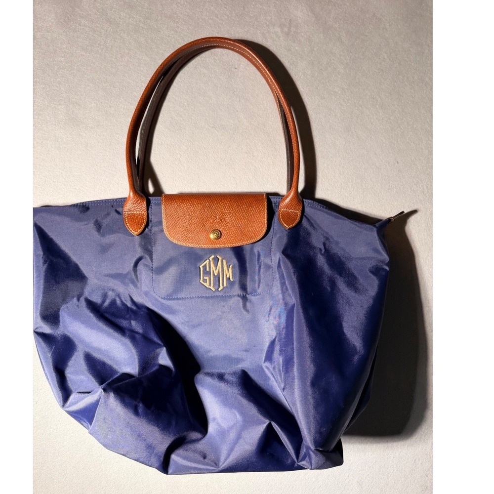 Longchamp Le Pliage Tote Bag Womens Large Navy Blue Monogram Leather Trim